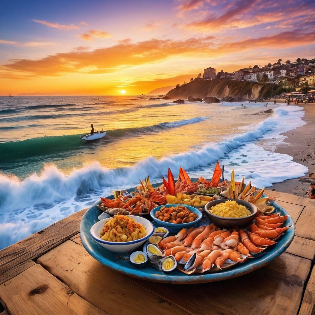 A breathtaking view of Santiago's coastline with crystal-clear blue waters, vibrant local festivals featuring colorful flags and lively dancers, a close-up of traditional seafood dishes on a rustic wooden table, surfers riding the waves in the background, and a radiant sunset casting golden hues over the scene. super-realistic. vibrant colors. 3D.