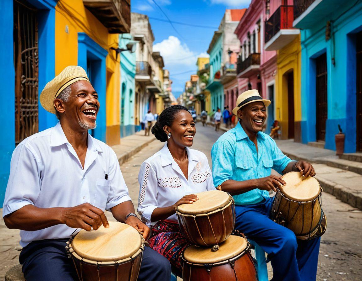 A vibrant street scene in Santiago de Cuba showcasing lively musicians playing traditional instruments, colorful buildings adorned with murals, and locals enjoying authentic Cuban cuisine at outdoor cafés. The backdrop features the sparkling coastline of the Caribbean Sea. Sunlight casts a warm glow, inviting viewers to immerse themselves in the culture and adventures of the city. super-realistic. vibrant colors. 3D.