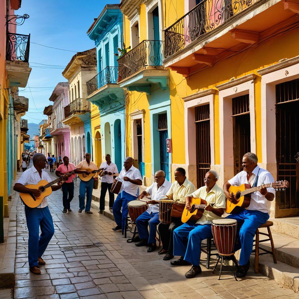 A vibrant street scene in Santiago de Cuba, featuring lively musicians playing traditional instruments, colorful colonial architecture, and locals enjoying a feast of Cuban cuisine. Add elements of rhythms like dancing figures and musical notes floating in the air, to emphasize the cultural heritage. Warm, inviting colors should dominate the image, creating a festive atmosphere. super-realistic. vibrant colors.